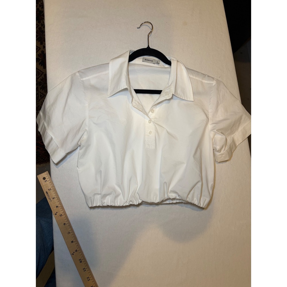 SIMKHAI White Cotton Blend Short Sleeve Elastic Hem Crop Polo Blouse Top Size M - Picture 7 of 8